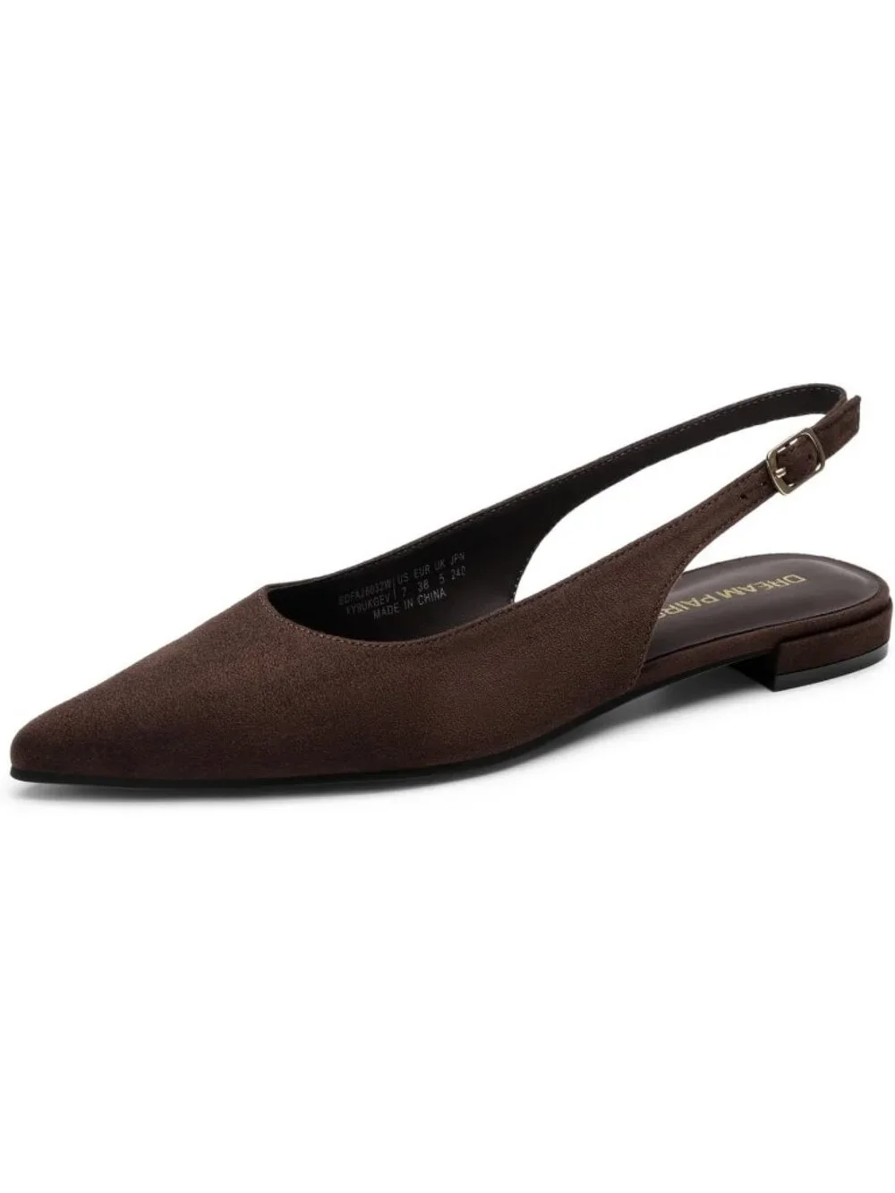 Women's Brown Leather Slingback Pointed Toe Ballet Flat Buckle Strap Dress Shoes